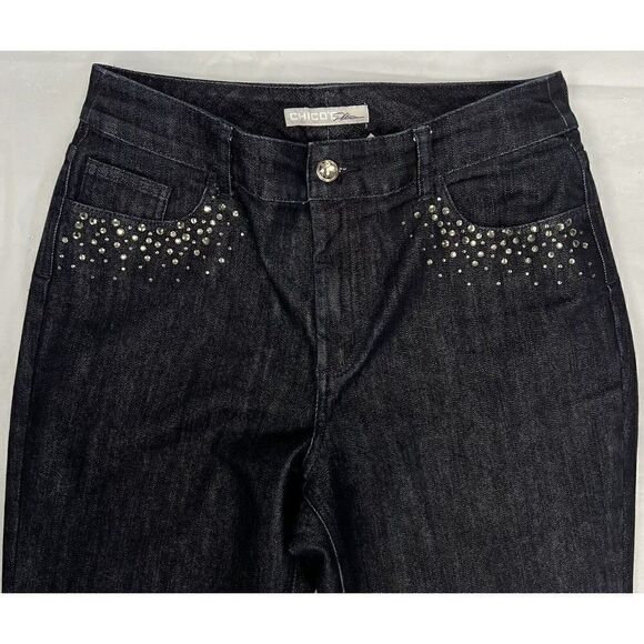 Chico's Platinum Charm Dark Wash Rhinestone Embellished Jeans Size 1.5 Regular - Picture 3 of 14